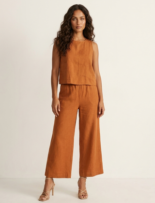Women's Comfortable Linen Look Two-Piece Set | Elegant Wide Trousers and Sleeveless Top 0