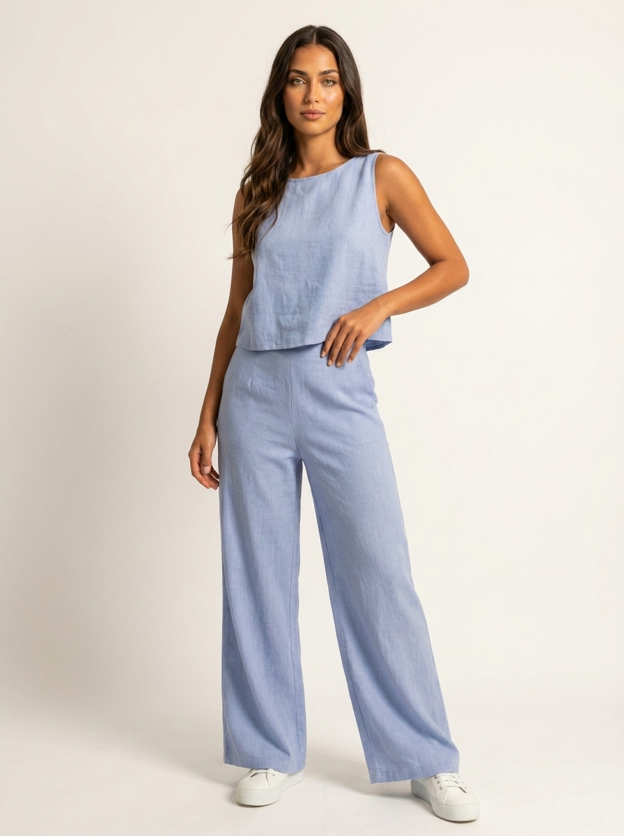 Women's Comfortable Linen Look Two-Piece Set | Elegant Wide Trousers and Sleeveless Top 10