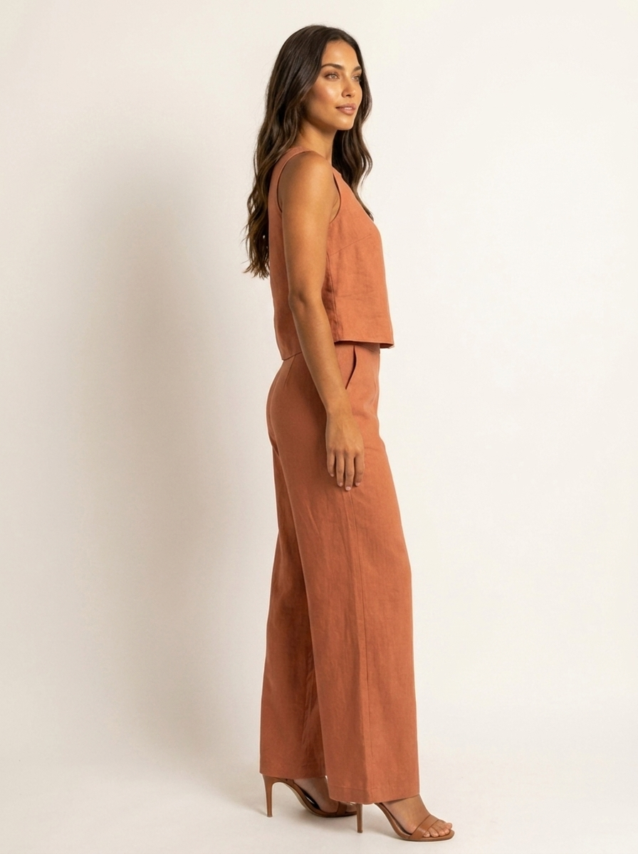 Women's Comfortable Linen Look Two-Piece Set | Elegant Wide Trousers and Sleeveless Top 11