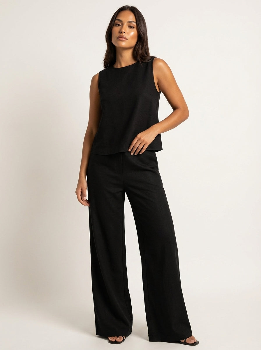 Women's Comfortable Linen Look Two-Piece Set | Elegant Wide Trousers and Sleeveless Top 3