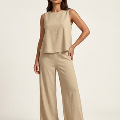 Women's Comfortable Linen Look Two-Piece Set | Elegant Wide Trousers and Sleeveless Top 4
