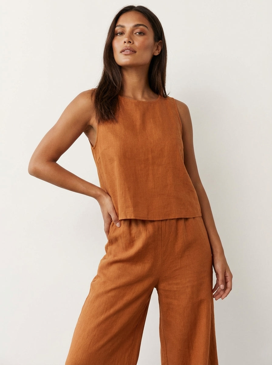 Women's Comfortable Linen Look Two-Piece Set | Elegant Wide Trousers and Sleeveless Top 5