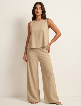 Women's Comfortable Linen Look Two-Piece Set | Elegant Wide Trousers and Sleeveless Top 9