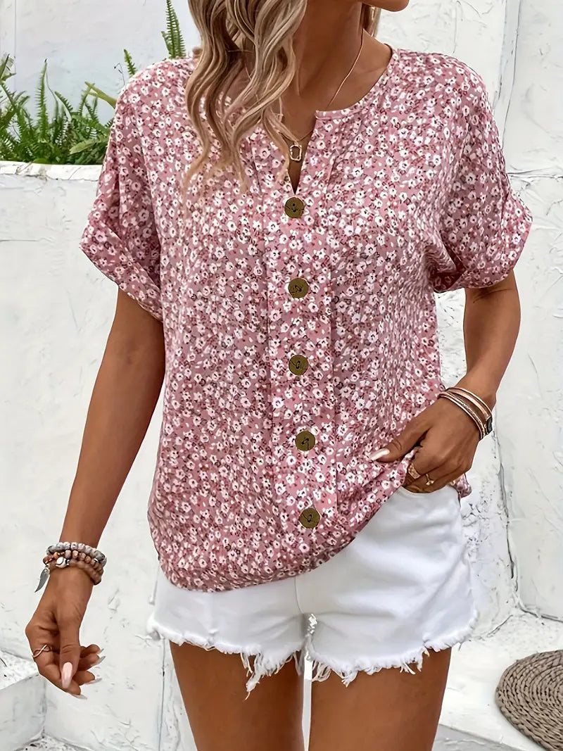 Women's Cotton Ditsy Floral Blouse | Relaxed Puff Sleeve Summer Top 2