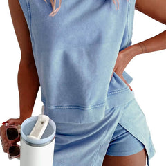 Women's Cotton Mineral Wash Lounge Set | Chic Sleeveless Tank Top & Split Skirt Outfit 0