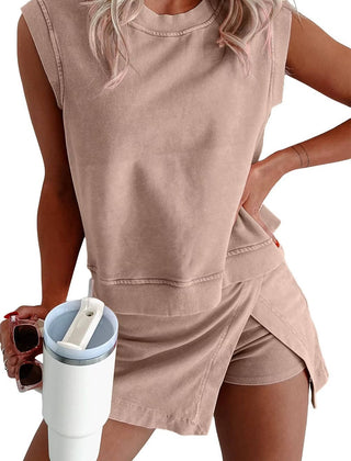 Women's Cotton Mineral Wash Lounge Set | Chic Sleeveless Tank Top & Split Skirt Outfit 3