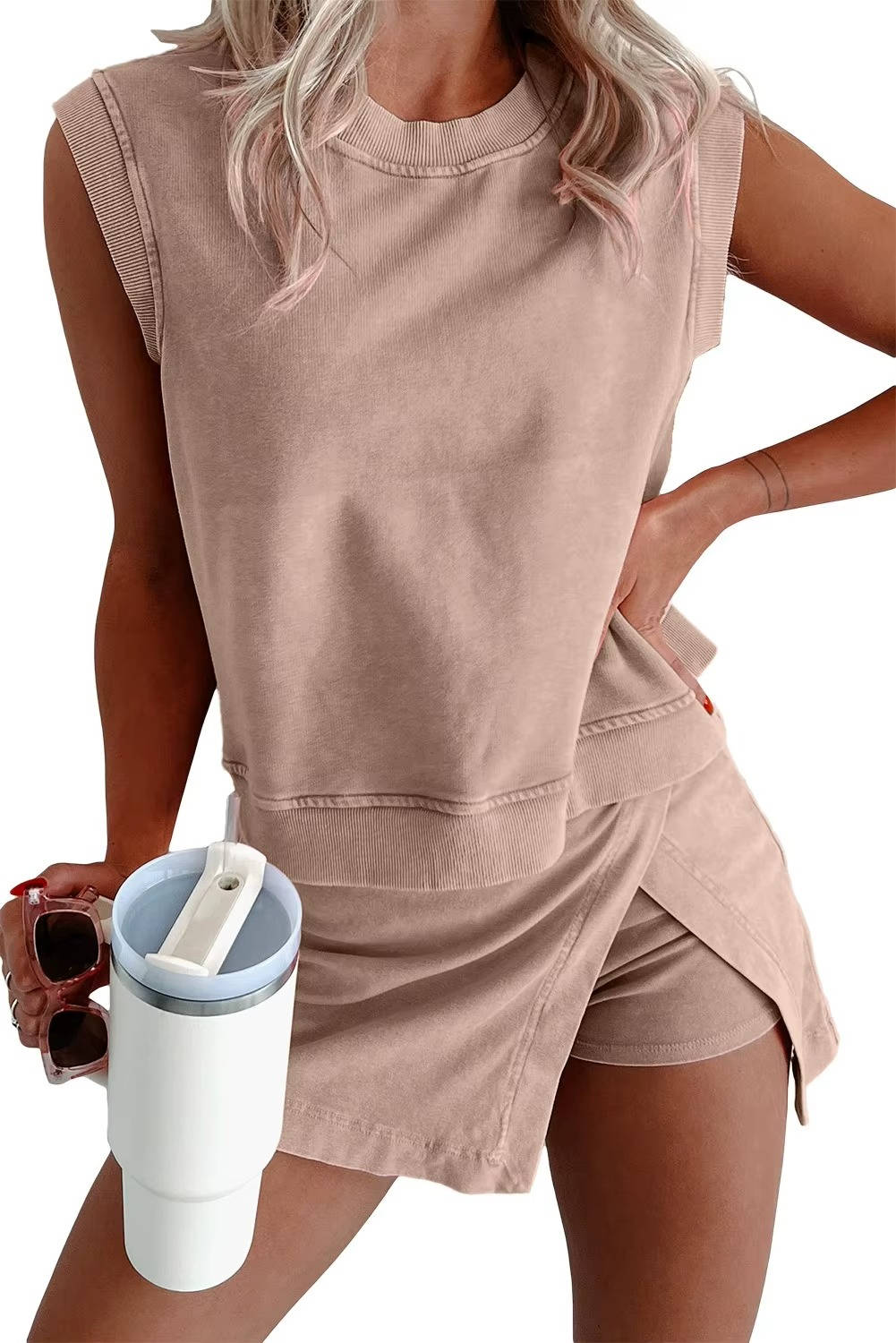 Women's Cotton Mineral Wash Lounge Set | Chic Sleeveless Tank Top & Split Skirt Outfit 3