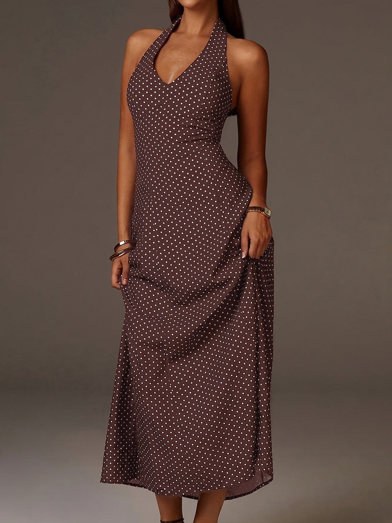 Women's Cotton Polka Dot Maxi Dress | Elegant Halter Neck Summer Dress 4