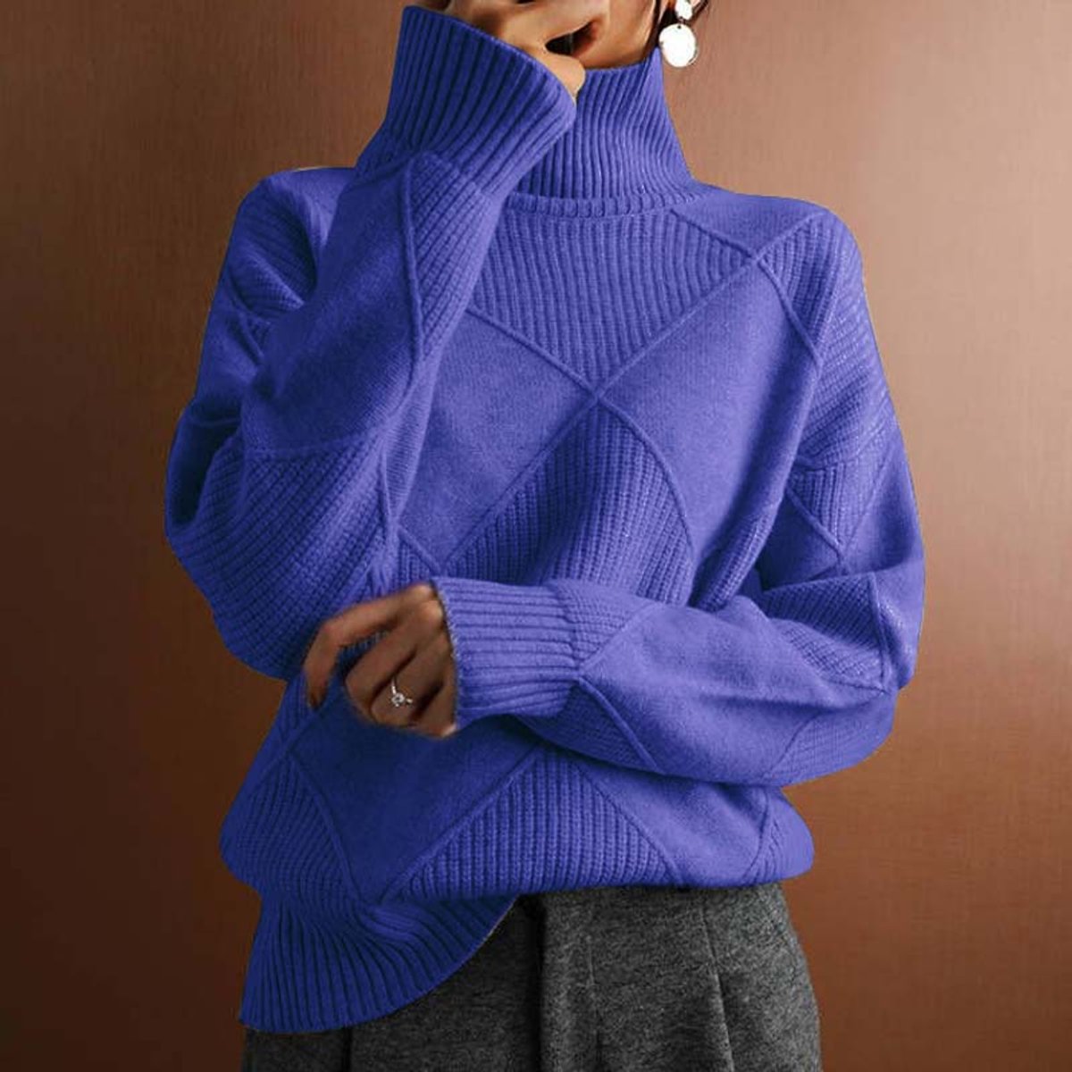Women's Cozy Argyle Knit Turtleneck Sweater | Relaxed Fit Elegant Top 10