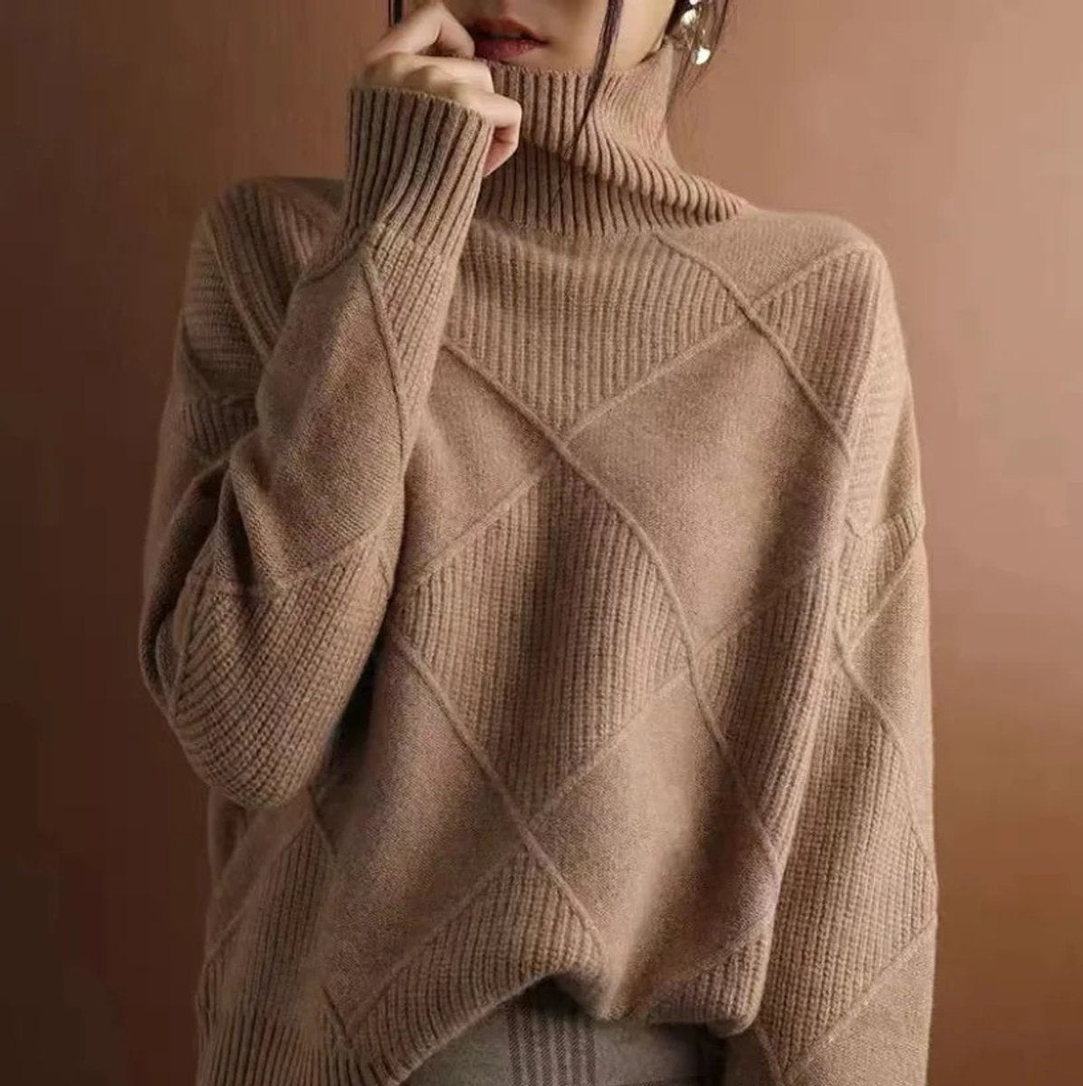 Women's Cozy Argyle Knit Turtleneck Sweater | Relaxed Fit Elegant Top 11