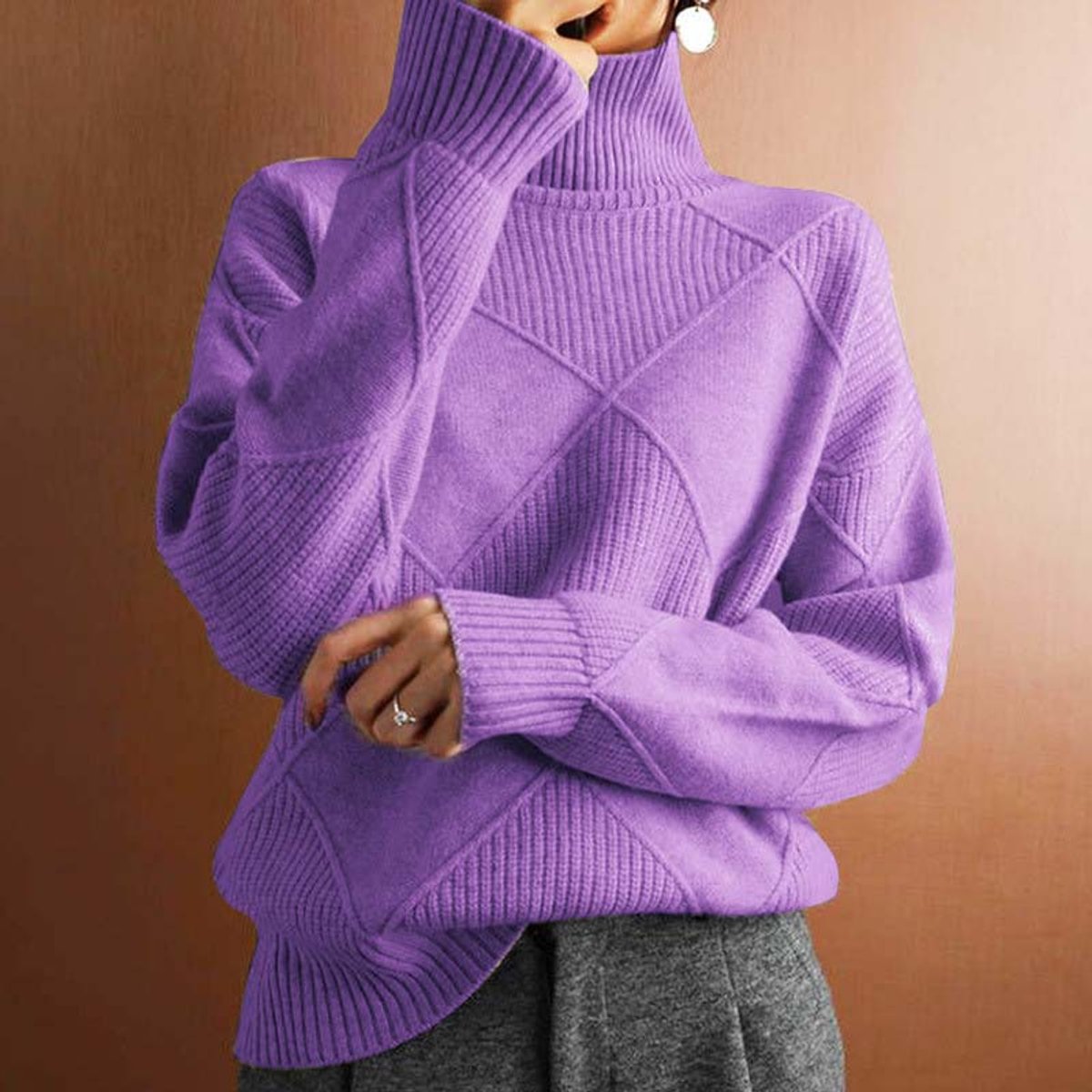 Women's Cozy Argyle Knit Turtleneck Sweater | Relaxed Fit Elegant Top 12