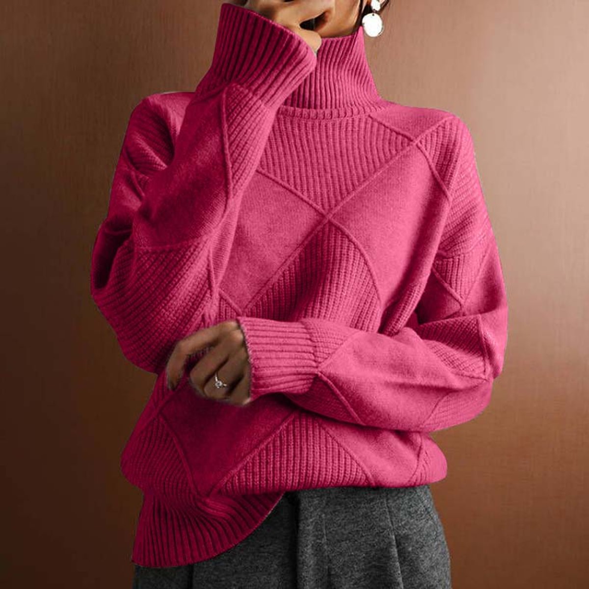 Women's Cozy Argyle Knit Turtleneck Sweater | Relaxed Fit Elegant Top 13