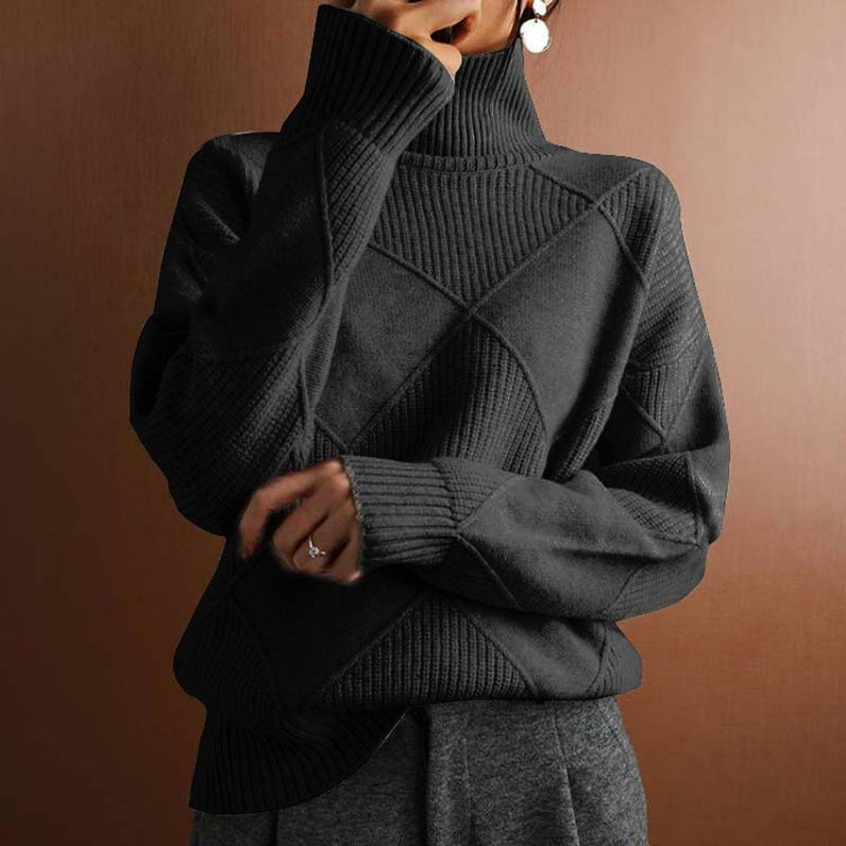 Women's Cozy Argyle Knit Turtleneck Sweater | Relaxed Fit Elegant Top 6