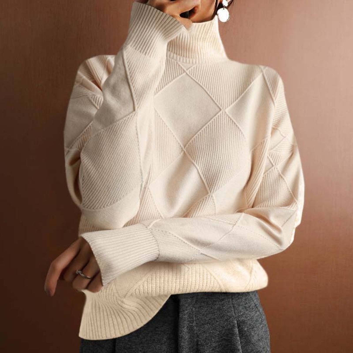 Women's Cozy Argyle Knit Turtleneck Sweater | Relaxed Fit Elegant Top 7