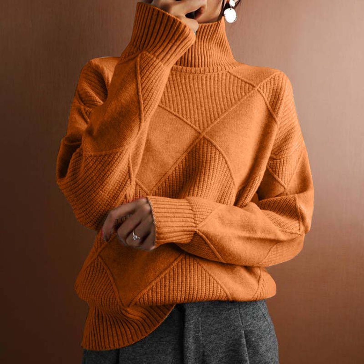 Women's Cozy Argyle Knit Turtleneck Sweater | Relaxed Fit Elegant Top 8