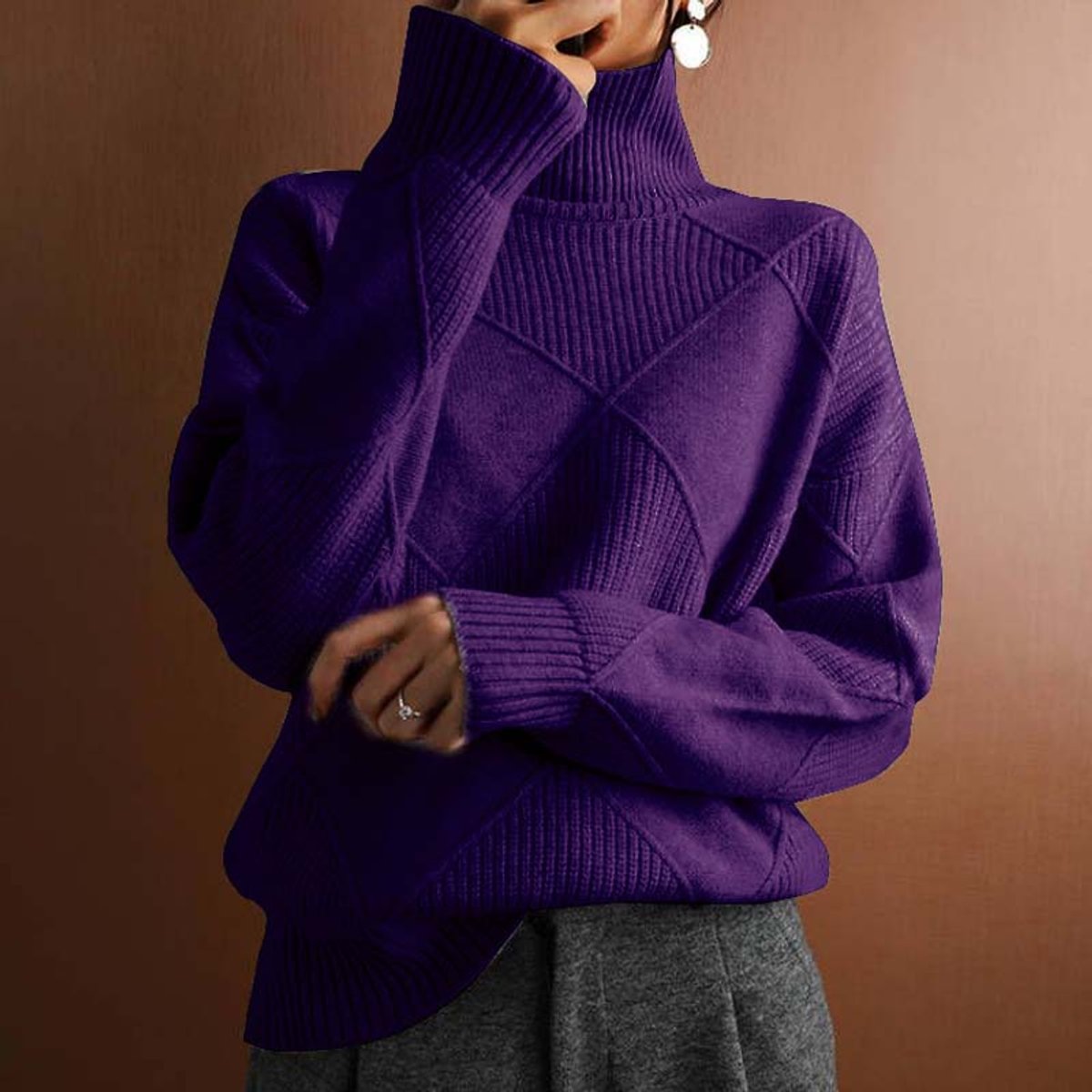 Women's Cozy Argyle Knit Turtleneck Sweater | Relaxed Fit Elegant Top 9