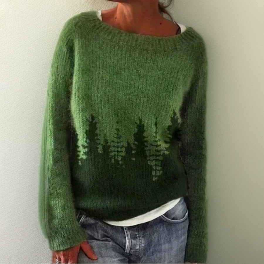 Women's Cozy Knit Oversized Sweater | Forest Print Relaxed Fit Jumper 0