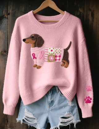 Women's Cozy Knit Sweater | Relaxed Fit Dachshund Patchwork Jumper 0