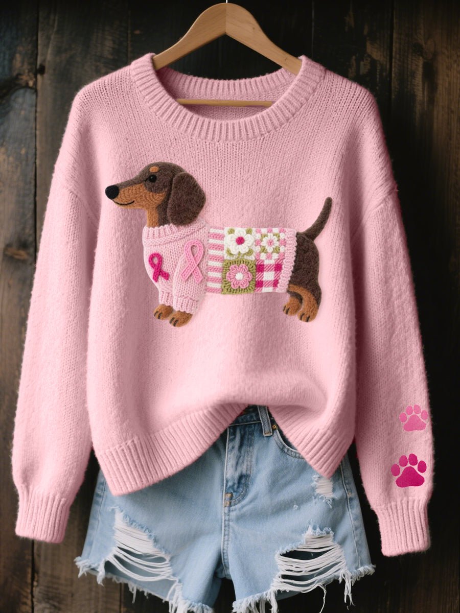 Women's Cozy Knit Sweater | Relaxed Fit Dachshund Patchwork Jumper 0