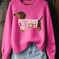 Women's Cozy Knit Sweater | Relaxed Fit Dachshund Patchwork Jumper 1