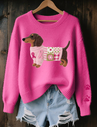 Women's Cozy Knit Sweater | Relaxed Fit Dachshund Patchwork Jumper 1
