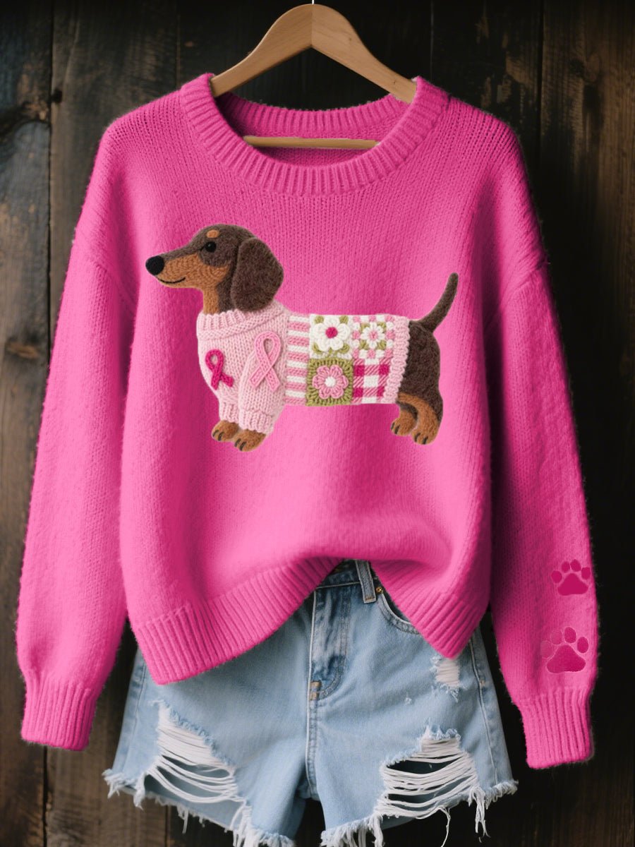 Women's Cozy Knit Sweater | Relaxed Fit Dachshund Patchwork Jumper 1