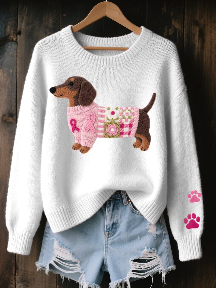 Women's Cozy Knit Sweater | Relaxed Fit Dachshund Patchwork Jumper 2