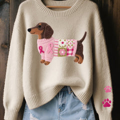 Women's Cozy Knit Sweater | Relaxed Fit Dachshund Patchwork Jumper 4