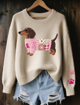 Women's Cozy Knit Sweater | Relaxed Fit Dachshund Patchwork Jumper 4