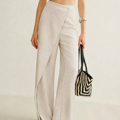 Women's Cream Asymmetric Wrap Wide Leg Pants | Elegant High-Waist Fashion Trousers 0