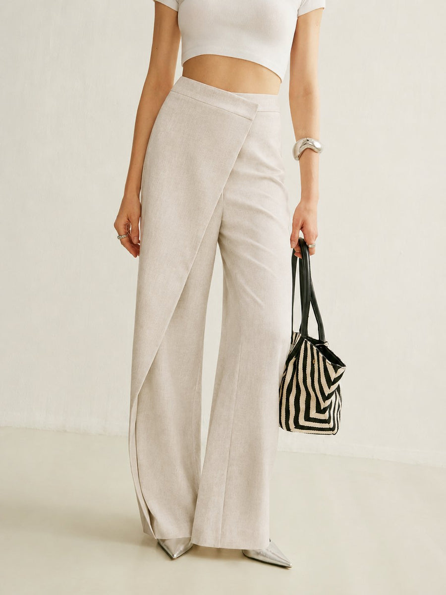 Women's Cream Asymmetric Wrap Wide Leg Pants | Elegant High-Waist Fashion Trousers 0