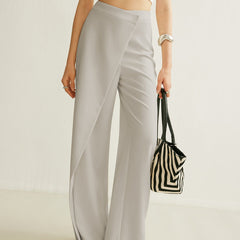 Women's Cream Asymmetric Wrap Wide Leg Pants | Elegant High-Waist Fashion Trousers 1