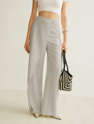 Women's Cream Asymmetric Wrap Wide Leg Pants | Elegant High-Waist Fashion Trousers 1