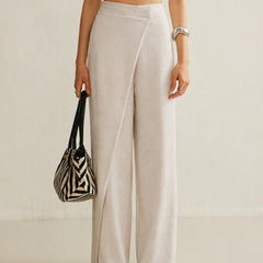 Women's Cream Asymmetric Wrap Wide Leg Pants | Elegant High-Waist Fashion Trousers 2