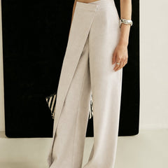 Women's Cream Asymmetric Wrap Wide Leg Pants | Elegant High-Waist Fashion Trousers 3