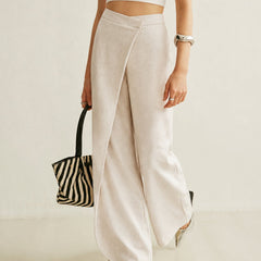Women's Cream Asymmetric Wrap Wide Leg Pants | Elegant High-Waist Fashion Trousers 4