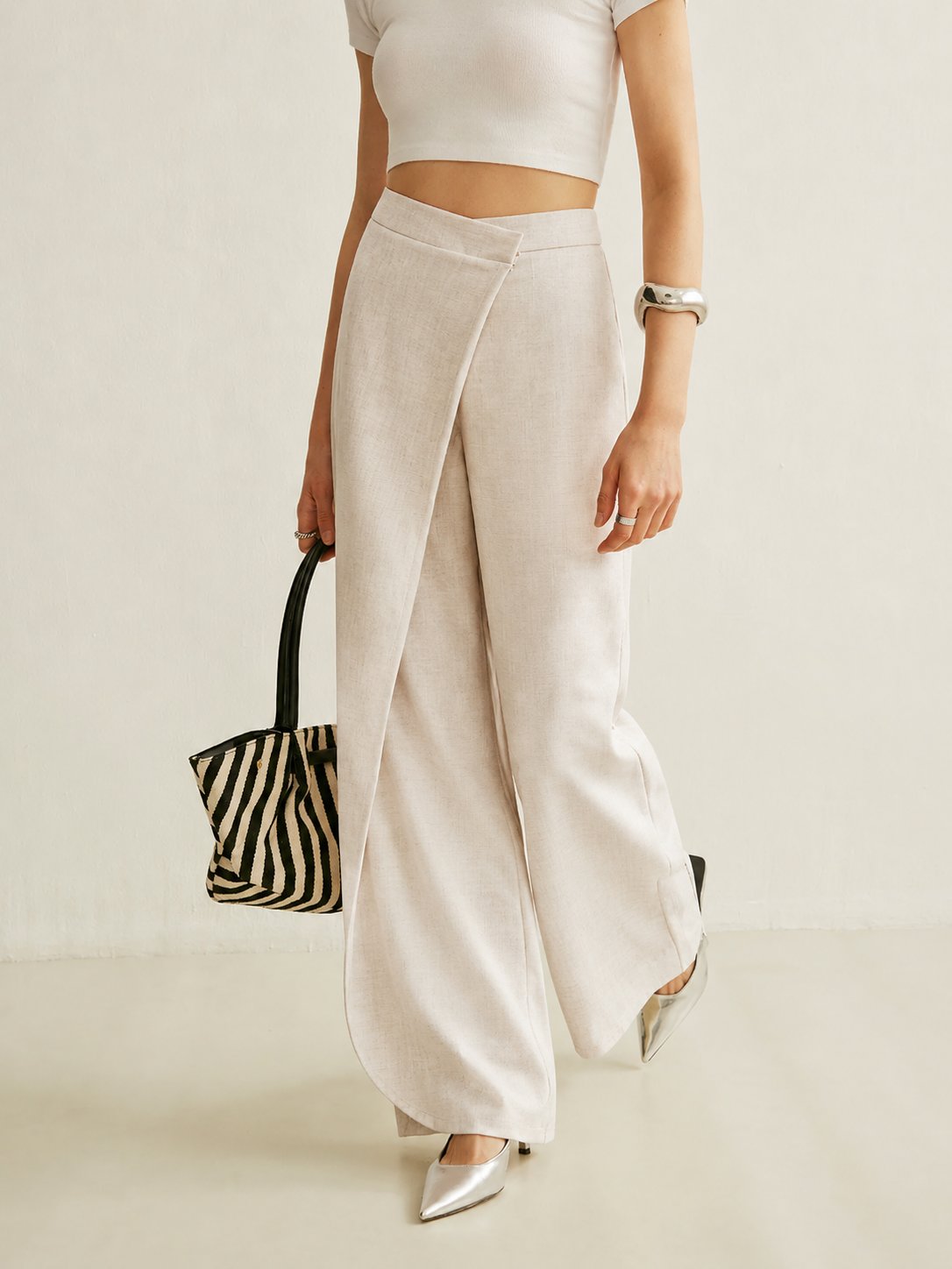Women's Cream Asymmetric Wrap Wide Leg Pants | Elegant High-Waist Fashion Trousers 4