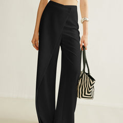 Women's Cream Asymmetric Wrap Wide Leg Pants | Elegant High-Waist Fashion Trousers 6
