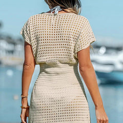 Women's Crochet Eyelet Mini Dress | Elegant V-Neck Short Sleeve Summer Dress 2