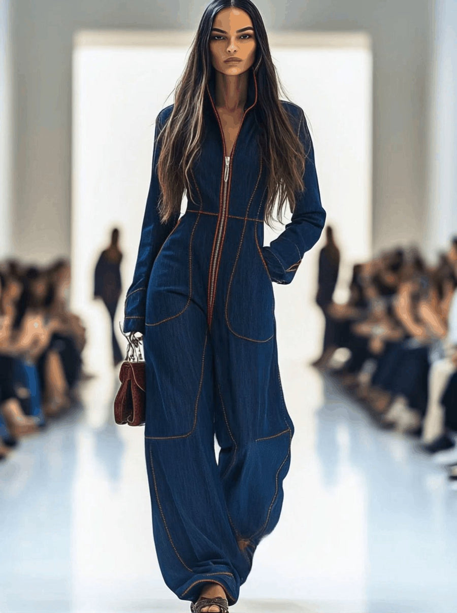 Women's Denim Jumpsuit | Elegant Wide Leg Long Sleeve Zip-Front Design 1