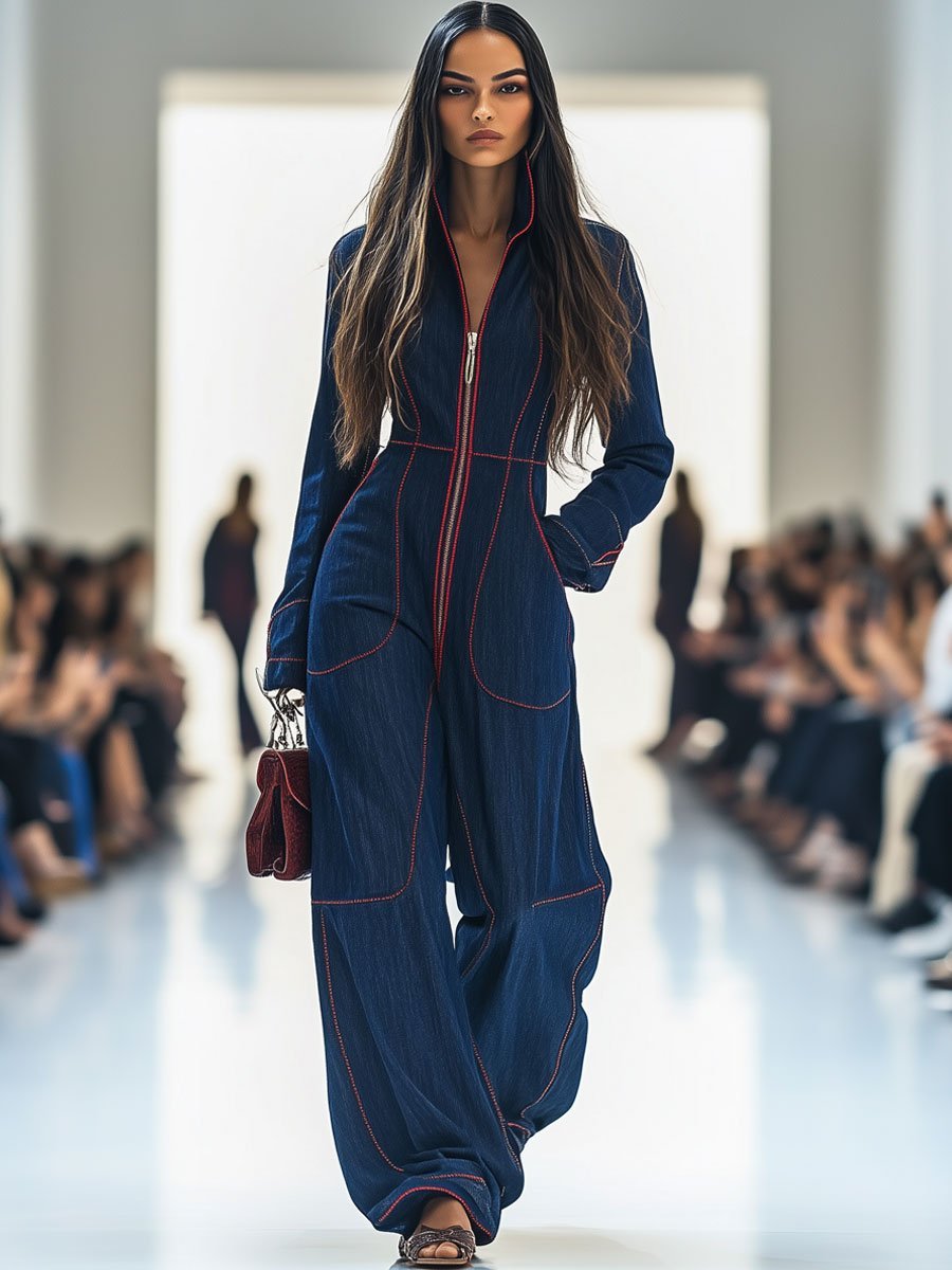 Women's Denim Jumpsuit | Elegant Wide Leg Long Sleeve Zip-Front Design 2