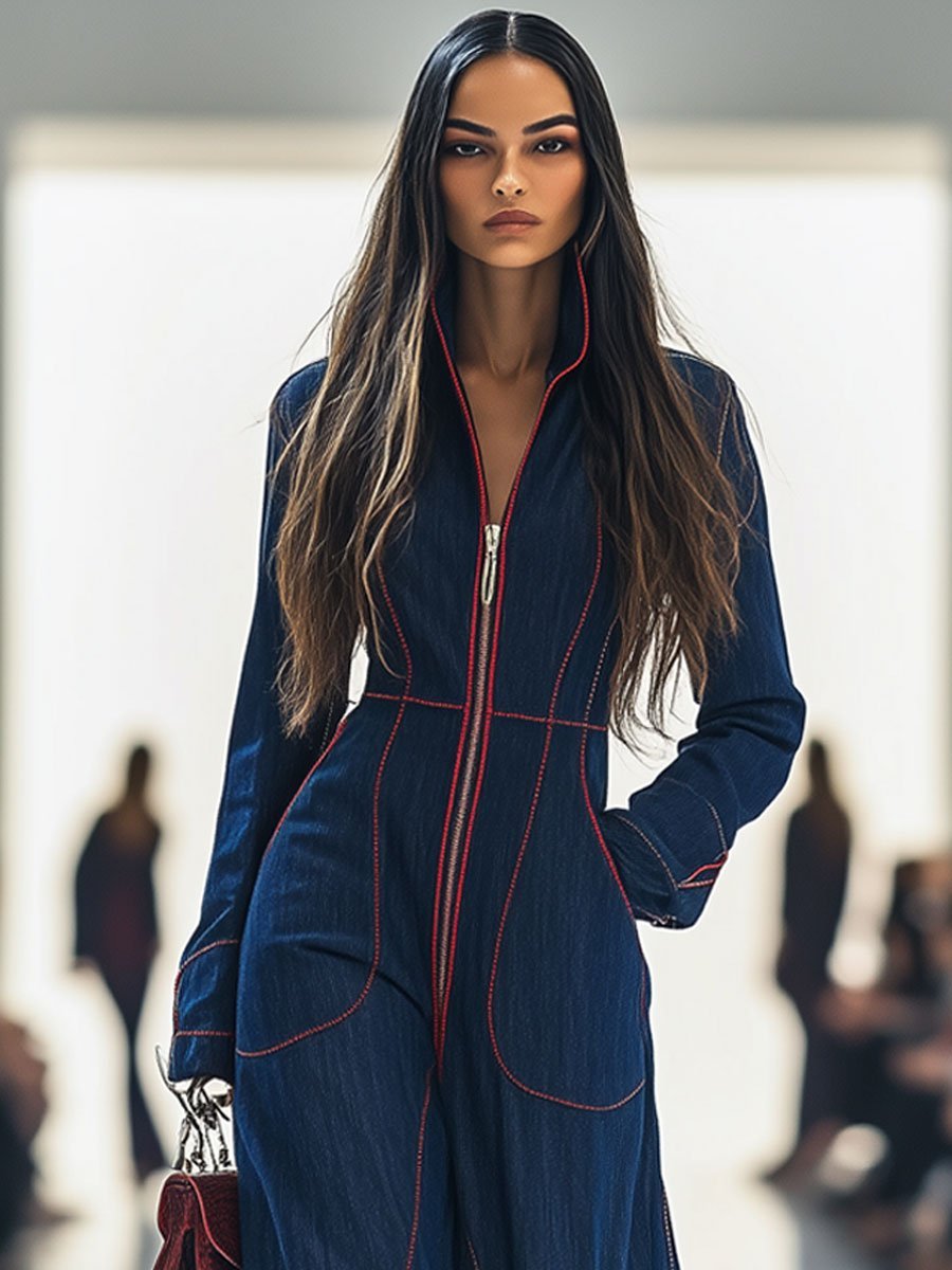 Women's Denim Jumpsuit | Elegant Wide Leg Long Sleeve Zip-Front Design 3