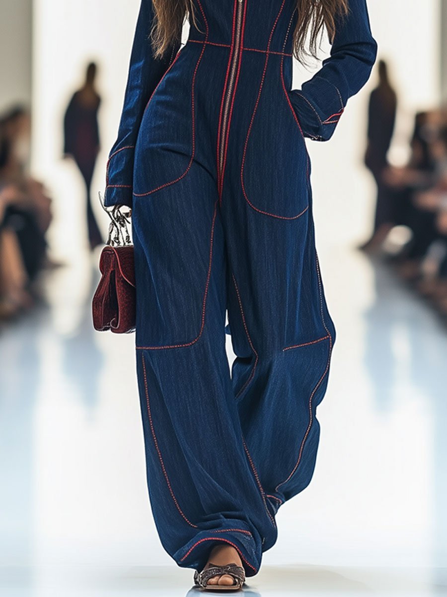 Women's Denim Jumpsuit | Elegant Wide Leg Long Sleeve Zip-Front Design 4