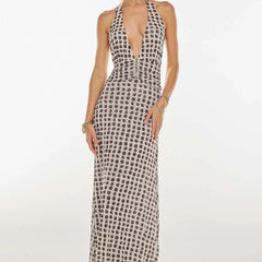 Women's Digital Polka Dot Maxi Dress | Elegant V-Neck Evening Gown 0