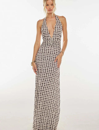 Women's Digital Polka Dot Maxi Dress | Elegant V-Neck Evening Gown 0