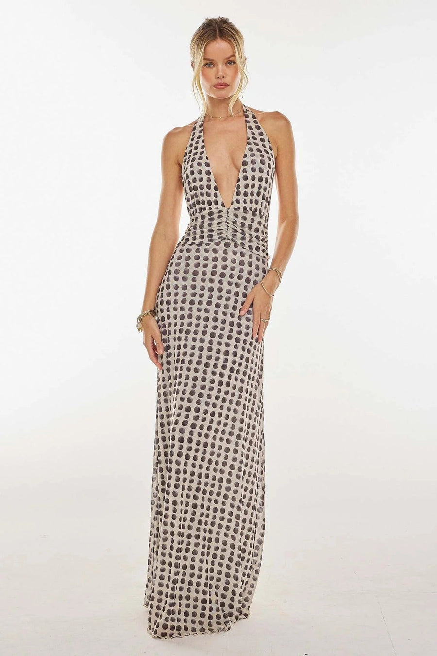Women's Digital Polka Dot Maxi Dress | Elegant V-Neck Evening Gown 0