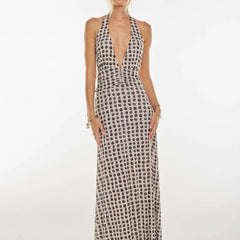 Women's Digital Polka Dot Maxi Dress | Elegant V-Neck Evening Gown 1