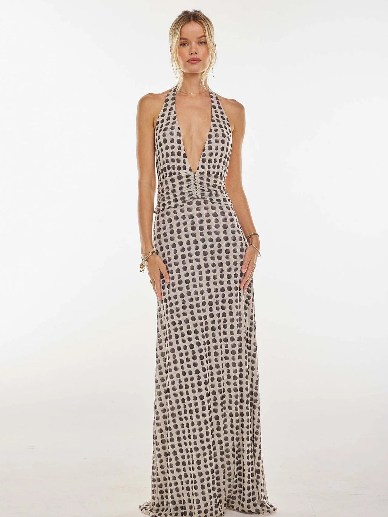 Women's Digital Polka Dot Maxi Dress | Elegant V-Neck Evening Gown 1
