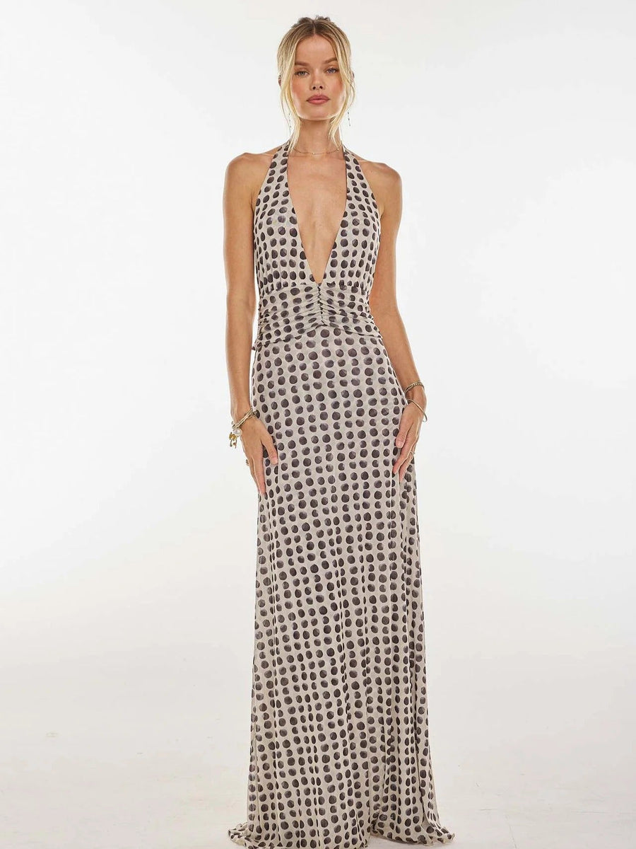 Women's Digital Polka Dot Maxi Dress | Elegant V-Neck Evening Gown 1