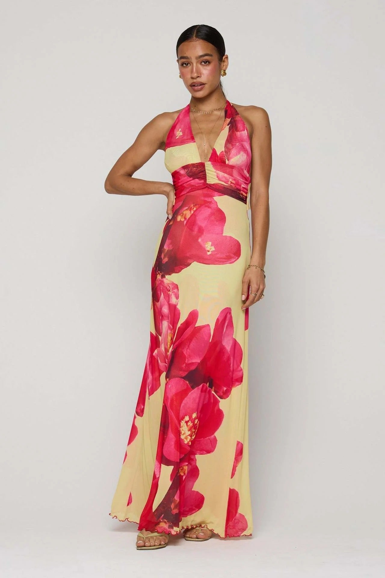 Women's Digital Polka Dot Maxi Dress | Elegant V-Neck Evening Gown 10